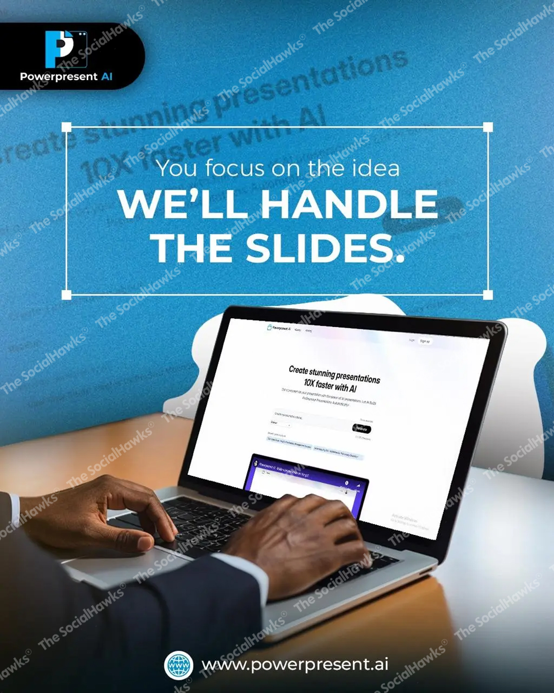 PowerPresent AI ad with person typing on laptop showing AI presentation platform